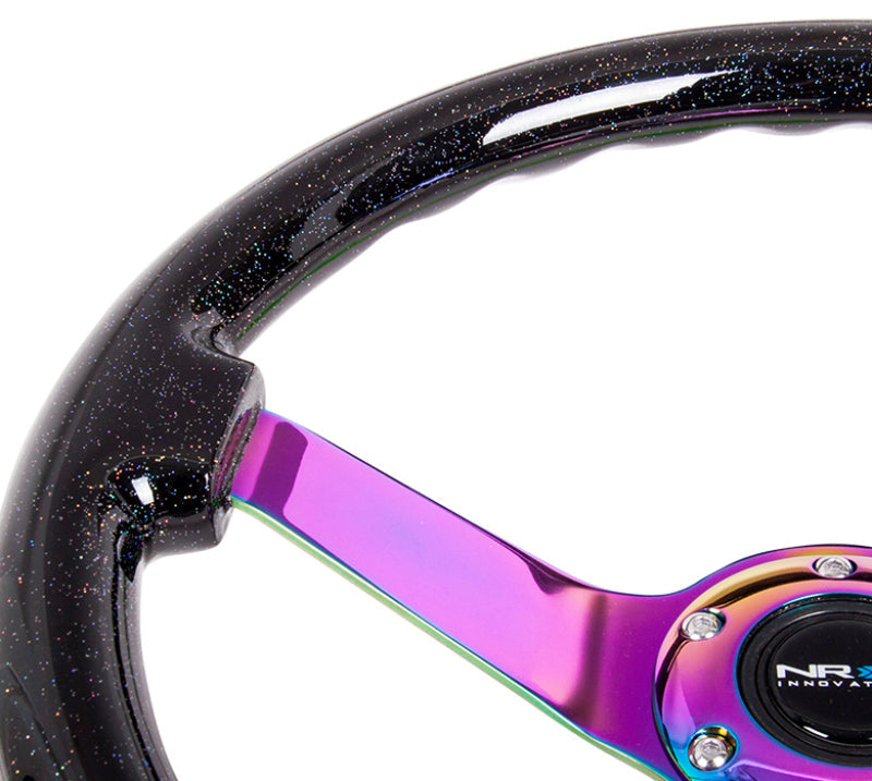 NRG Reinforced Steering Wheel (350mm / 3in. Deep) Classic Blk Sparkle w/4mm Neochrome 3-Spoke Center RST-036BSB-MC