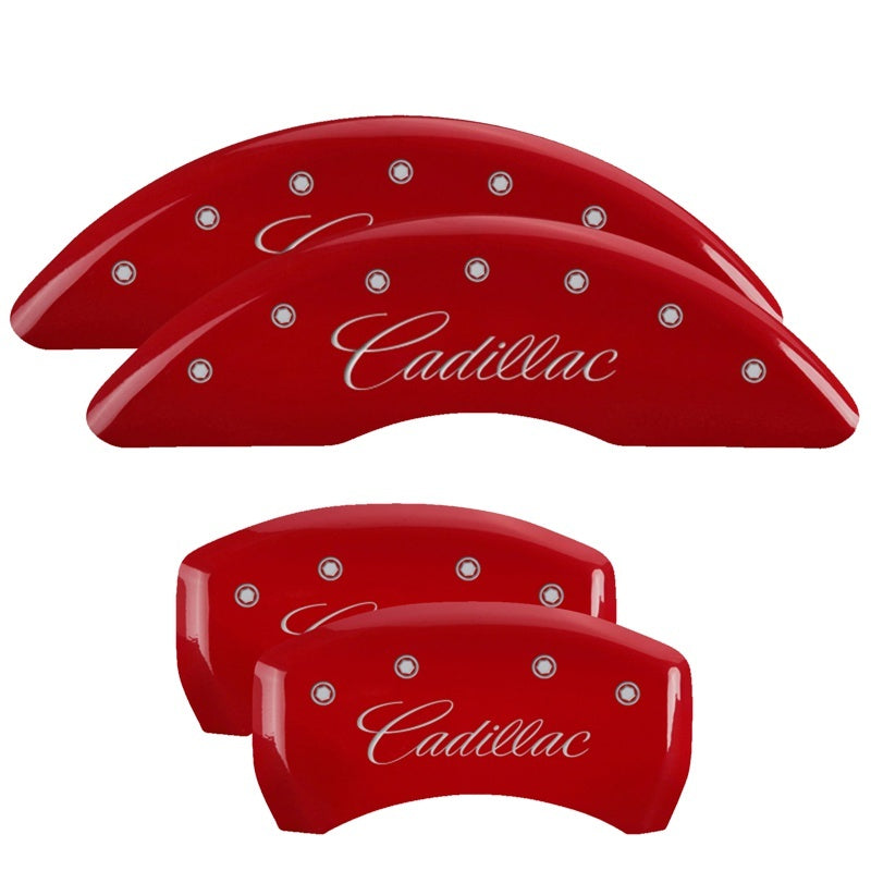 MGP 4 Caliper Covers Engraved Front & Rear Cursive/Cadillac Red Finish Silver Char 2016 Cadillac CT6 35026SCADRD