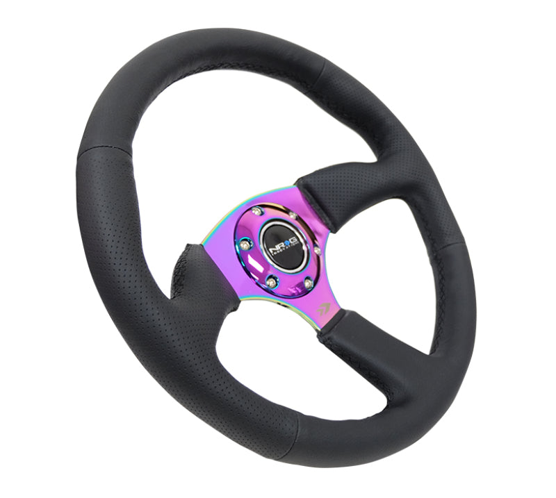 NRG Reinforced Steering Wheel (350mm / 2.5in. Deep) Leather Race Comfort Grip w/4mm Neochrome Spokes RST-023MC-R