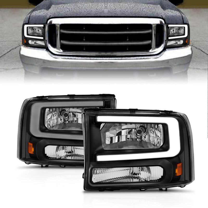 ANZO 99-04 Ford F250/F350/F450/Excursion (excl. 99) Crystal Headlights - w/ Light Bar Black Housing 111549