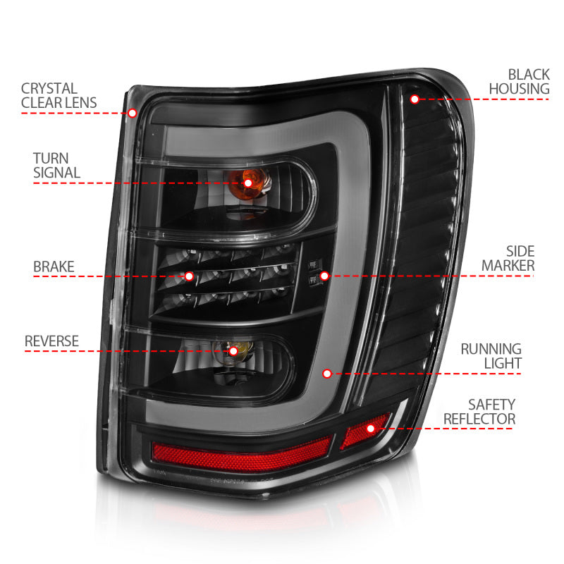 ANZO 1999-2004 Jeep Grand Cherokee LED Tail Lights w/ Light Bar Black Housing Clear Lens 311394
