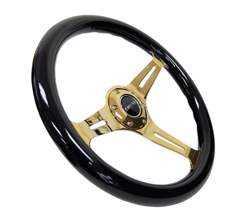NRG Classic Wood Grain Steering Wheel (350mm) Black Grip w/Chrome Gold 3-Spoke Center ST-015CG-BK