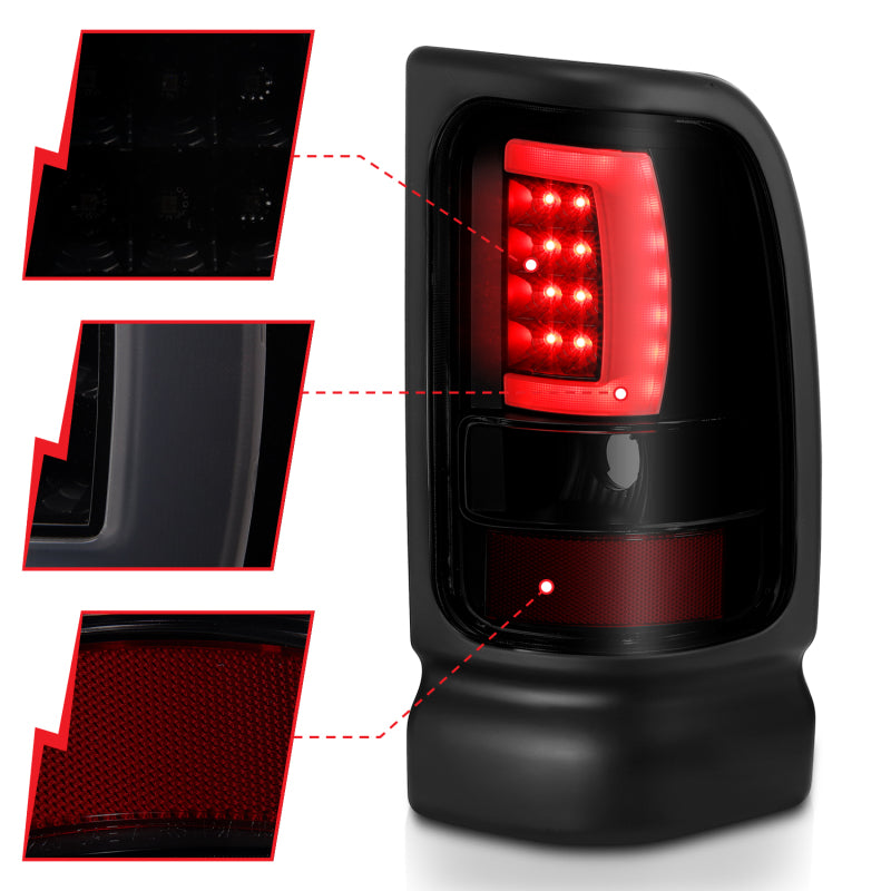 ANZO 1994-2001 Dodge Ram 1500 LED Taillights Plank Style Black w/Smoke Lens 311340