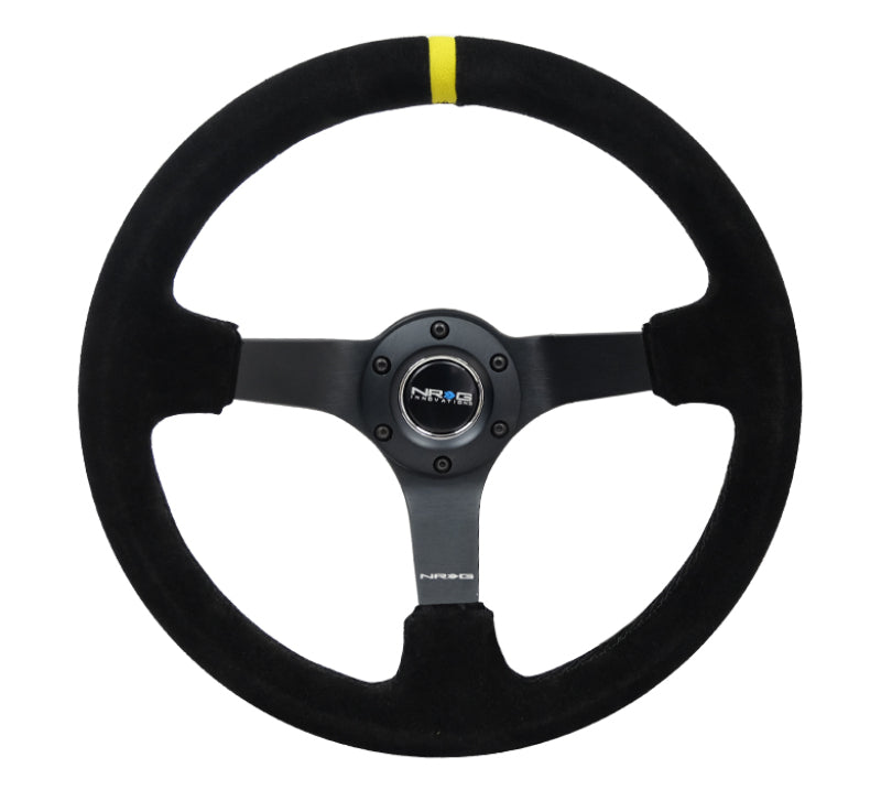 NRG Reinforced Steering Wheel (350mm / 3in. Deep) Blk Suede/X-Stitch w/5mm Blk Spoke & Yellow CM RST-036MB-S-Y