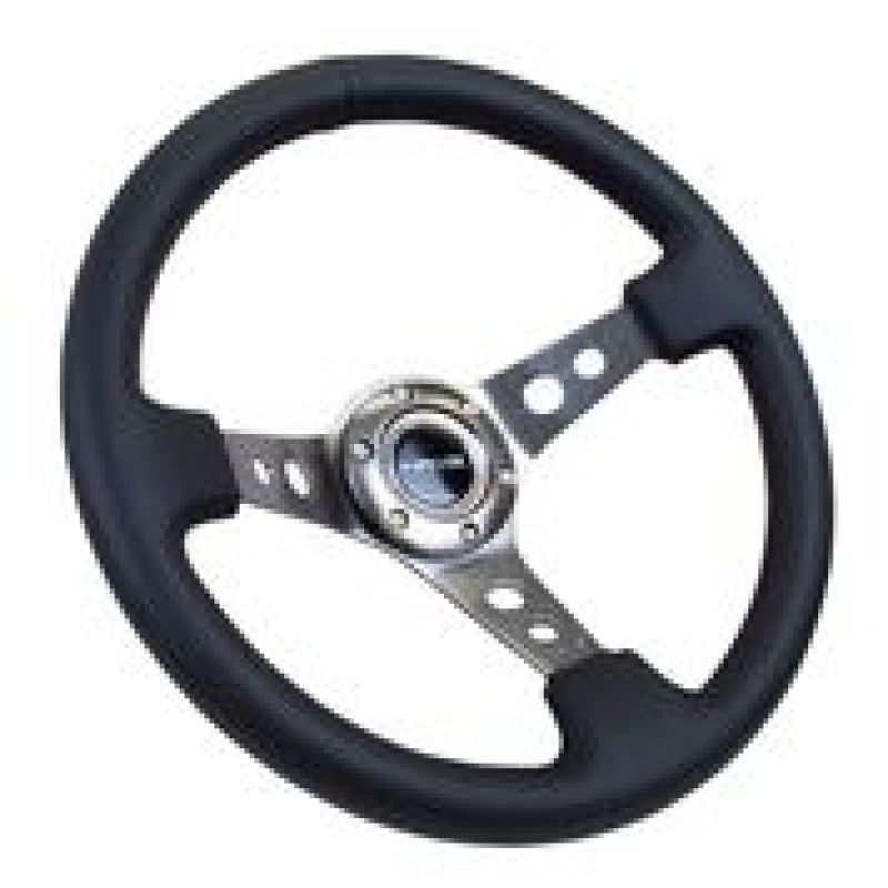 NRG Reinforced Steering Wheel (350mm / 3in. Deep) Blk Leather w/Gunmetal Circle Cutout Spokes RST-006GM