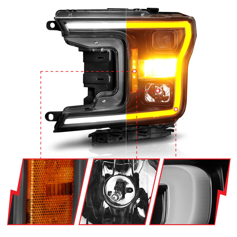 ANZO 2018-2020 Ford F-150 Projector Headlight w/ Plank Style Switchback Black Housing 111509