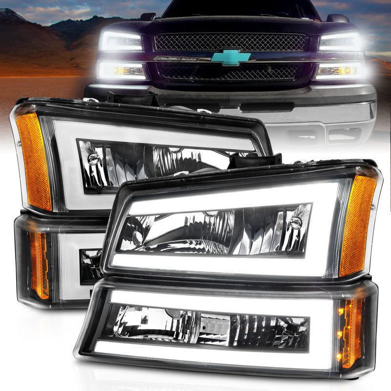 ANZO 2003-2006 Chevrolet Silverado 1500 Crystal Headlights w/ Light Bar Black Housing 111501
