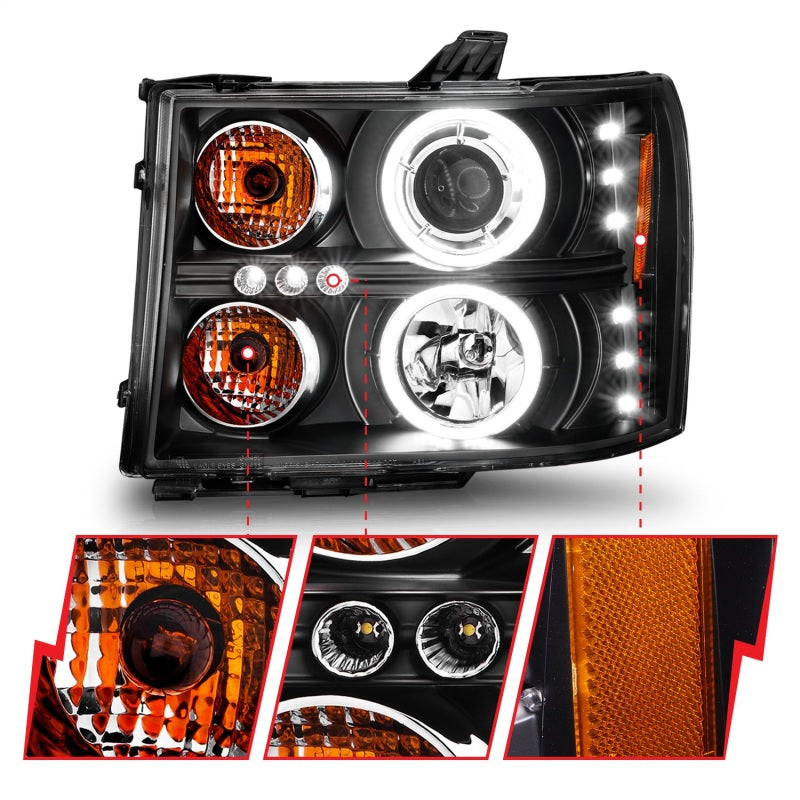ANZO 2007-2013 Gmc Sierra 1500 Projector Headlights w/ Halo Black 111125