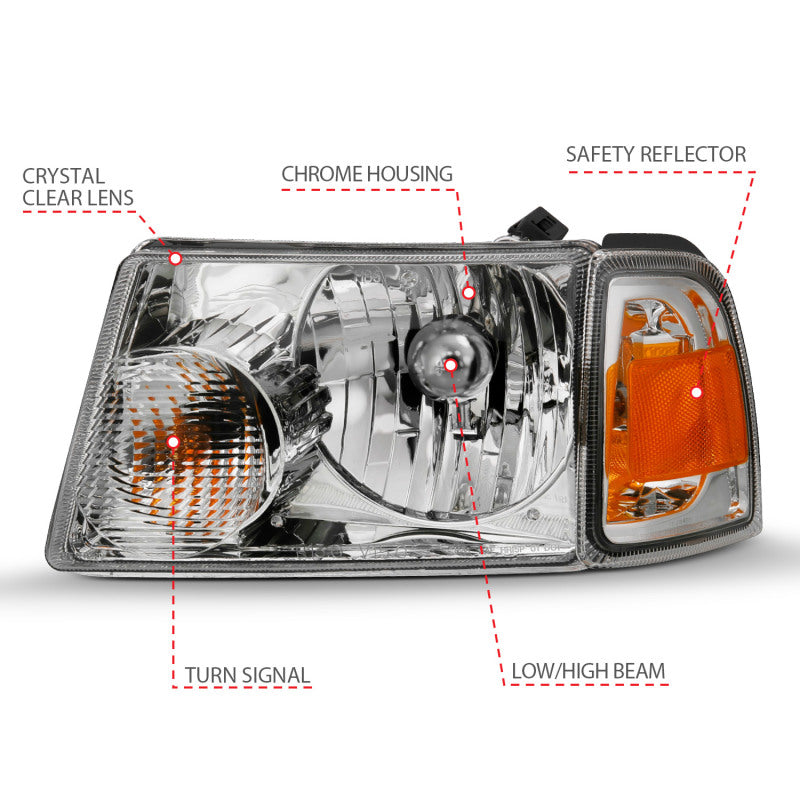 ANZO 2001-2011 Ford Ranger Crystal Headlight Chrome w/Corner Lights (OE Replacement) 111484