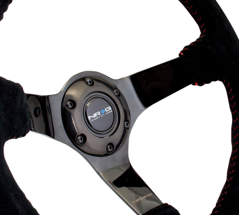 NRG Reinforced Steering Wheel (350mm / 3in. Deep) Blk Suede w/Red BBall Stitch & Black 3-Spoke RST-036BK-S