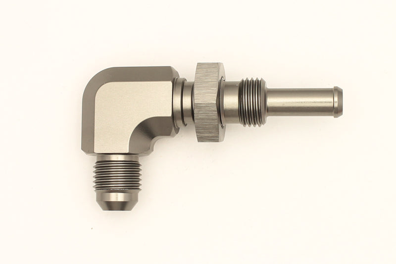 DeatschWerks 6AN Male Flare To 5/16in. Male Barb Bulkhead Adapter 90-Degree (Incl. Nut) 06-02-0712