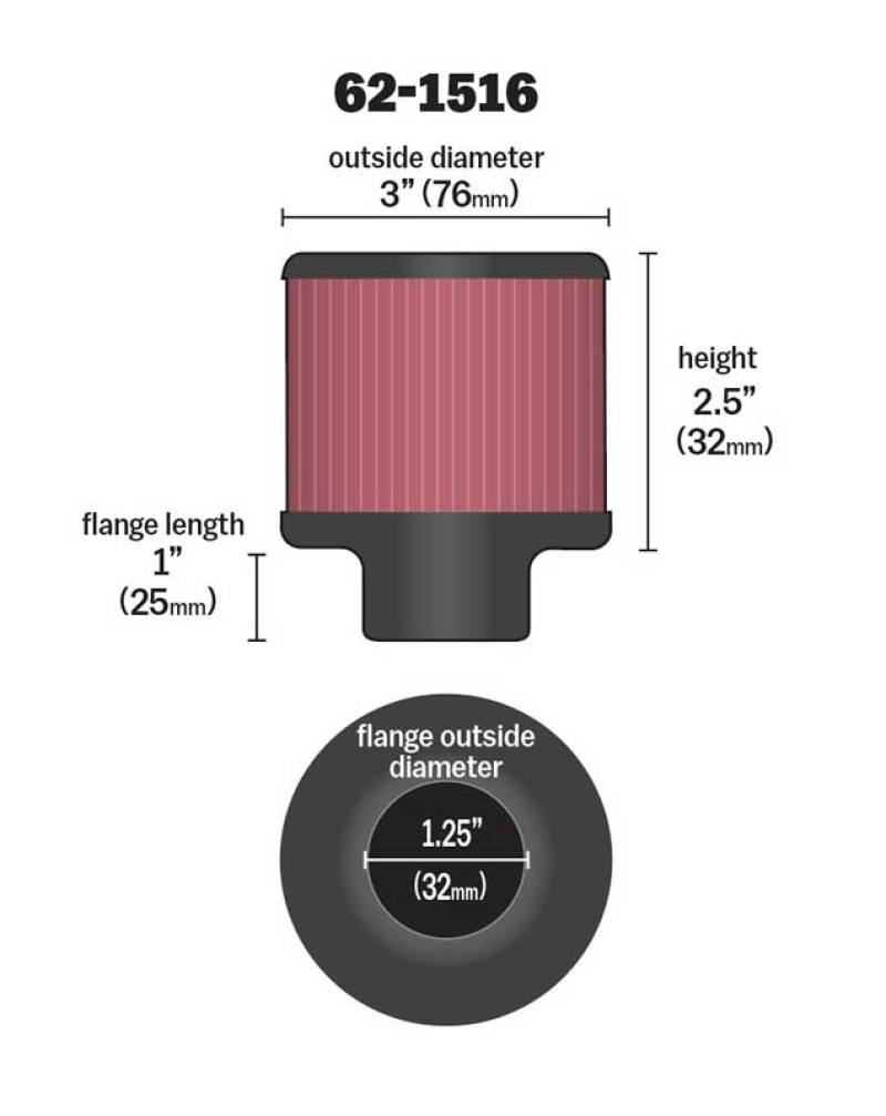 K&N 1in Flange L x 3in OD x 2.5in Height Clamp On Crankcase Vent Filter 62-1516