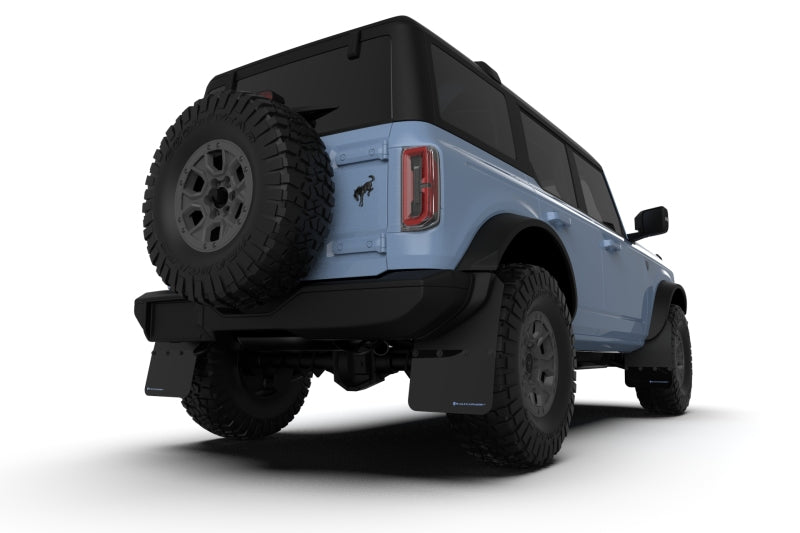 Rally Armor 21-22 Ford Bronco (Plstc Bmpr - NO Rptr/Sprt - NO RR/RB) Blk Mud Flap w/Met. Blk Logo MF85-NO-PL-MBK