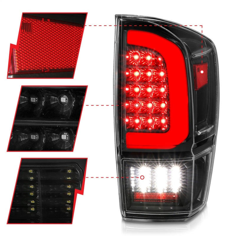 ANZO 16-21 Toyota Tacoma LED Tail Lights - w/ Light Bar Sequential Black Housing & Clear Lens 311400