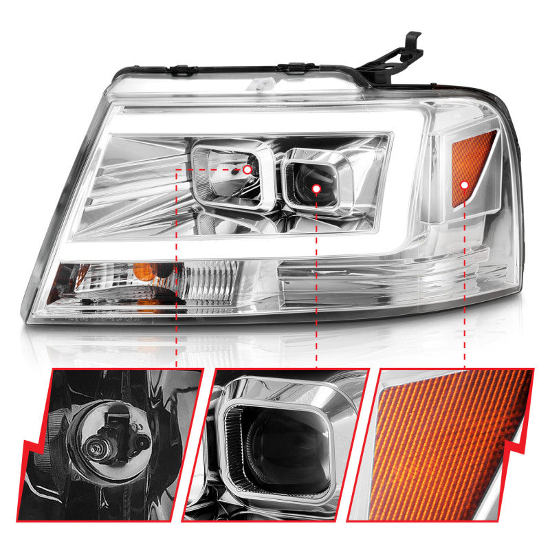 ANZO 2004-2008 Ford F-150 Projector Headlights w/ Light Bar Chrome Housing 111542