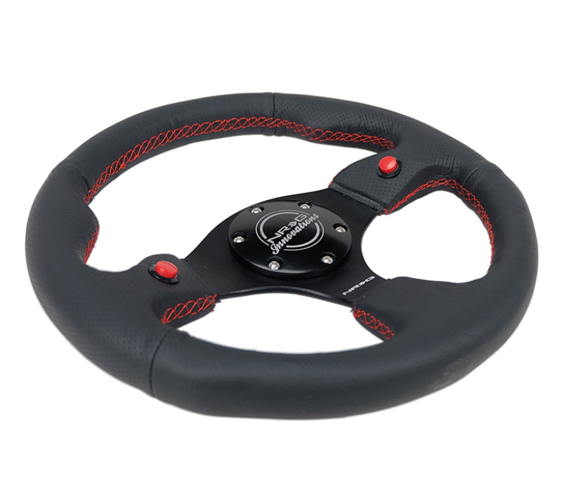 NRG Reinforced Steering Wheel (320mm) Blk Leather w/Dual Buttons RST-007R