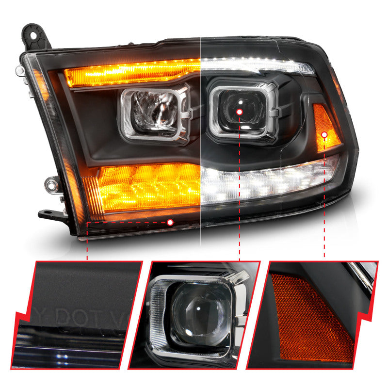 ANZO 09-18 Dodge Ram 1500/2500/3500 Proj HL Headlights Switchback + Sequential - Black Amber 111611