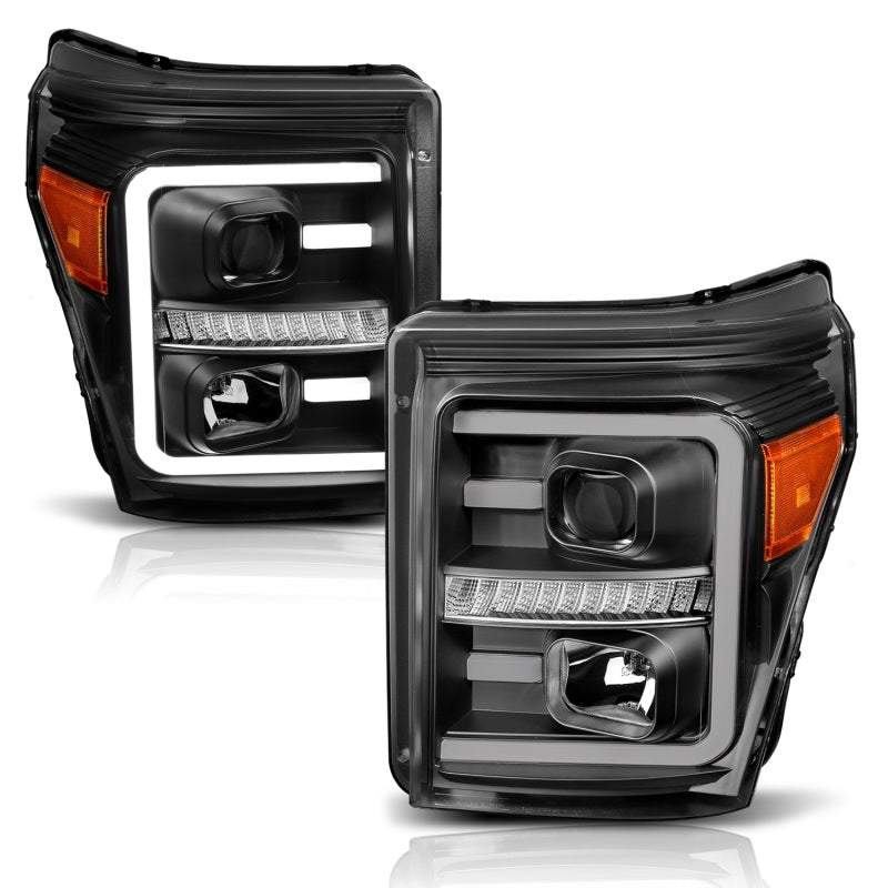 ANZO 2011-2016 Ford F250 Projector Headlights w/ Plank Style Switchback Black w/ Amber 111406