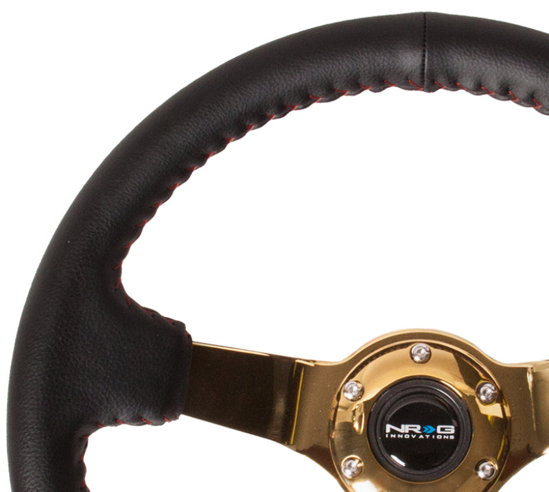 NRG Reinforced Steering Wheel (350mm / 3in. Deep) Blk Leather/Red BBall Stitch w/4mm Gold Spokes RST-036GD