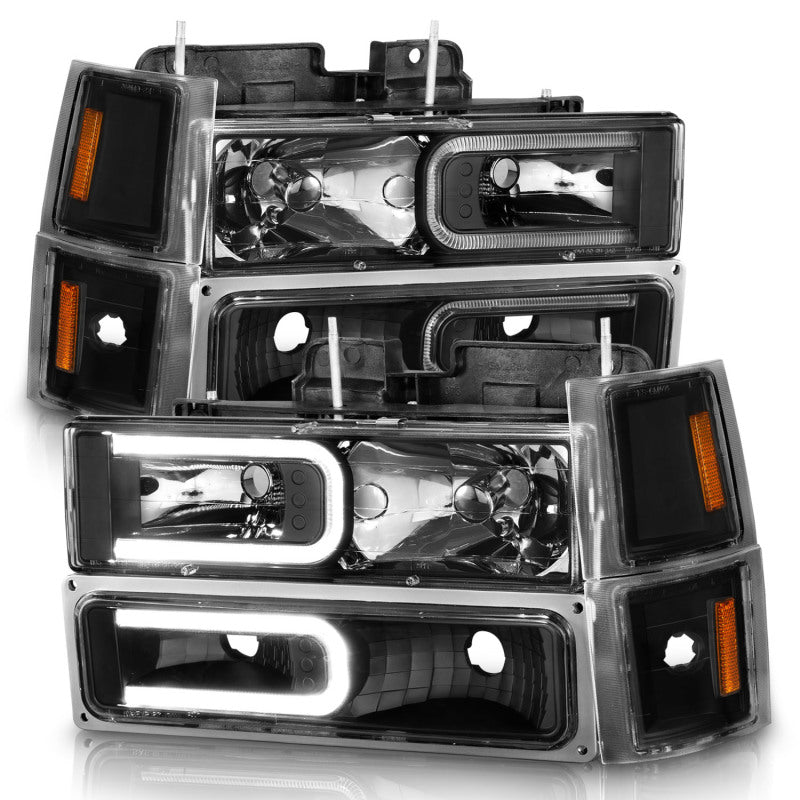 ANZO 88-98 Chevrolet C1500 Crystal Headlights w/ Light Bar Black Housing w/ Signal Side Markers 8Pcs 111528