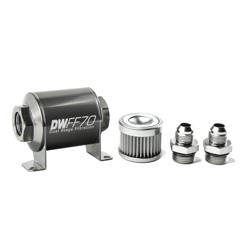 DeatschWerks Stainless Steel 8AN 10 Micron Universal Inline Fuel Filter Housing Kit (70mm) 8-03-070-010K-8