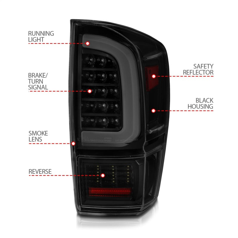 ANZO 16-21 Toyota Tacoma LED Tail Lights - w/ Light Bar Sequential Black Housing & Smoke Lens 311401