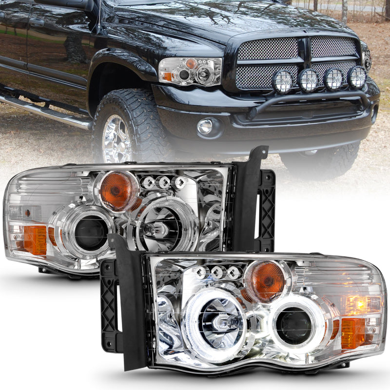 ANZO 2002-2005 Dodge Ram 1500 Projector Headlights w/ Halo Chrome Clear Amber 111491