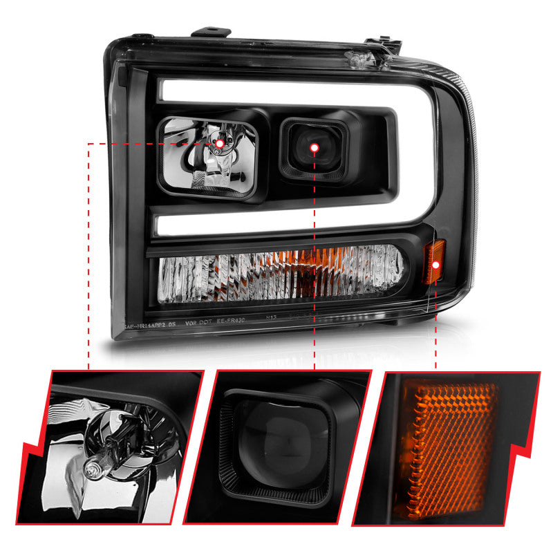 ANZO 99-04 Ford F250/F350/F450/Excursion (excl 99) Projector Headlights - w/ Light Bar Black Housing 111551
