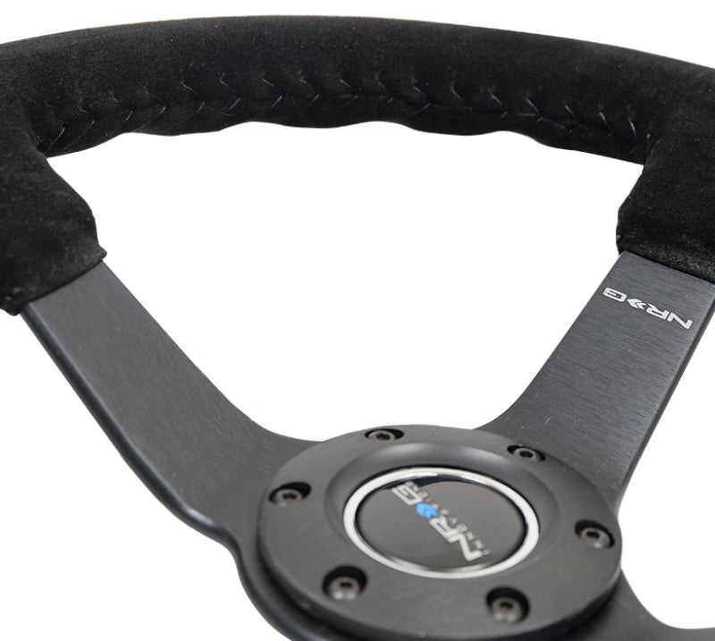 NRG Reinforced Steering Wheel (350mm / 3in. Deep) Blk Suede/Blk Bball Stitch w/5mm Matte Black Spoke RST-036MB-S-BK