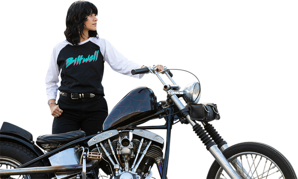 BILTWELL Camiseta raglán 1985 para mujer - Negro/Blanco - Mediana 8144-060-003