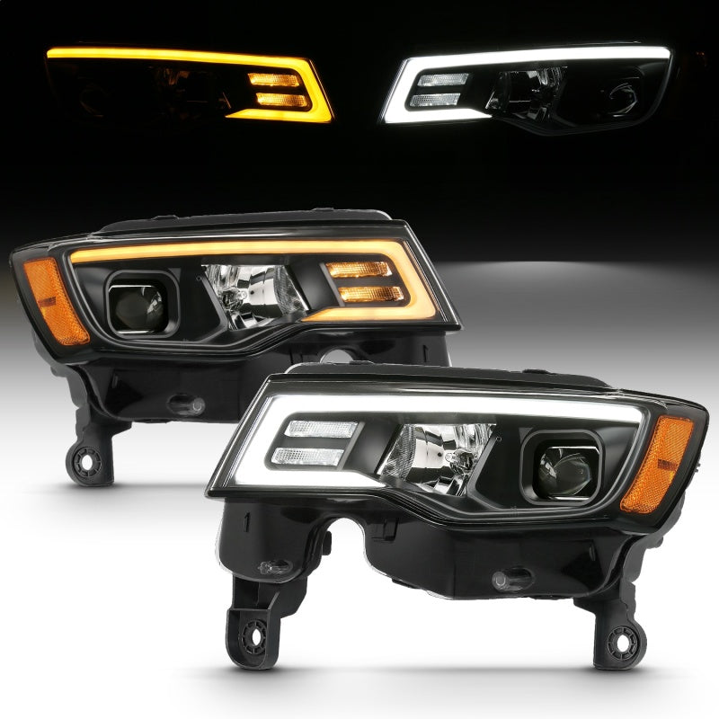 ANZO 2017-2018 Jeep Grand Cherokee Projector Headlights w/ Plank Style Switchback - Black w/ Amber 111418