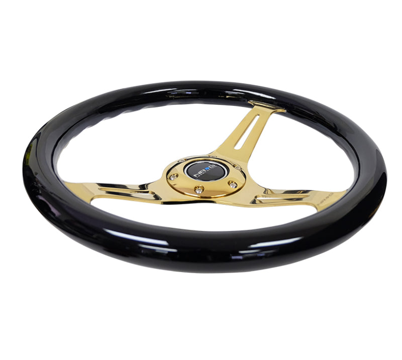 NRG Classic Wood Grain Steering Wheel (350mm) Black Grip w/Chrome Gold 3-Spoke Center ST-015CG-BK
