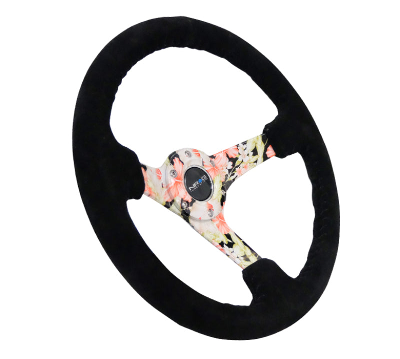 NRG Reinforced Steering Wheel (350mm / 3in. Deep) Blk Suede Floral Dipped w/ Blk Baseball Stitch RST-036FL-S