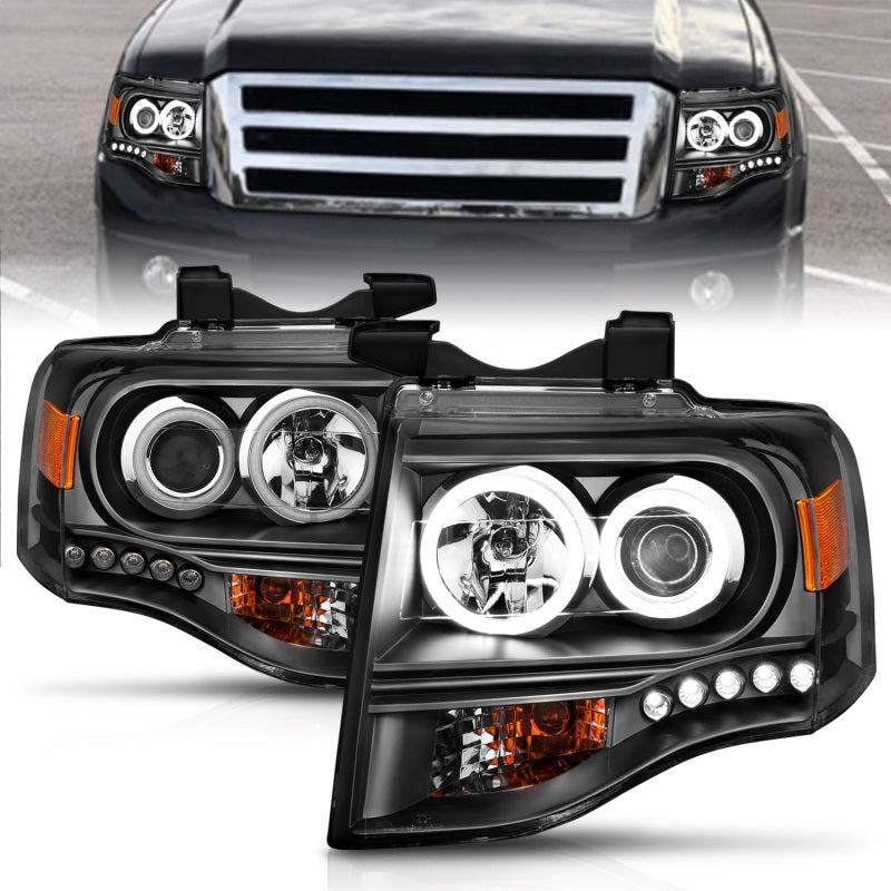 ANZO 2007-2014 Ford Expedition Projector Headlights w/ Halo Black 111113