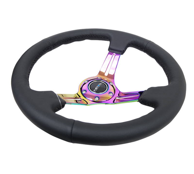 NRG Reinforced Steering Wheel (350mm / 3in. Deep) Blk Leather/Blk Stitch w/Neochrome Slits RST-018R-MCBS