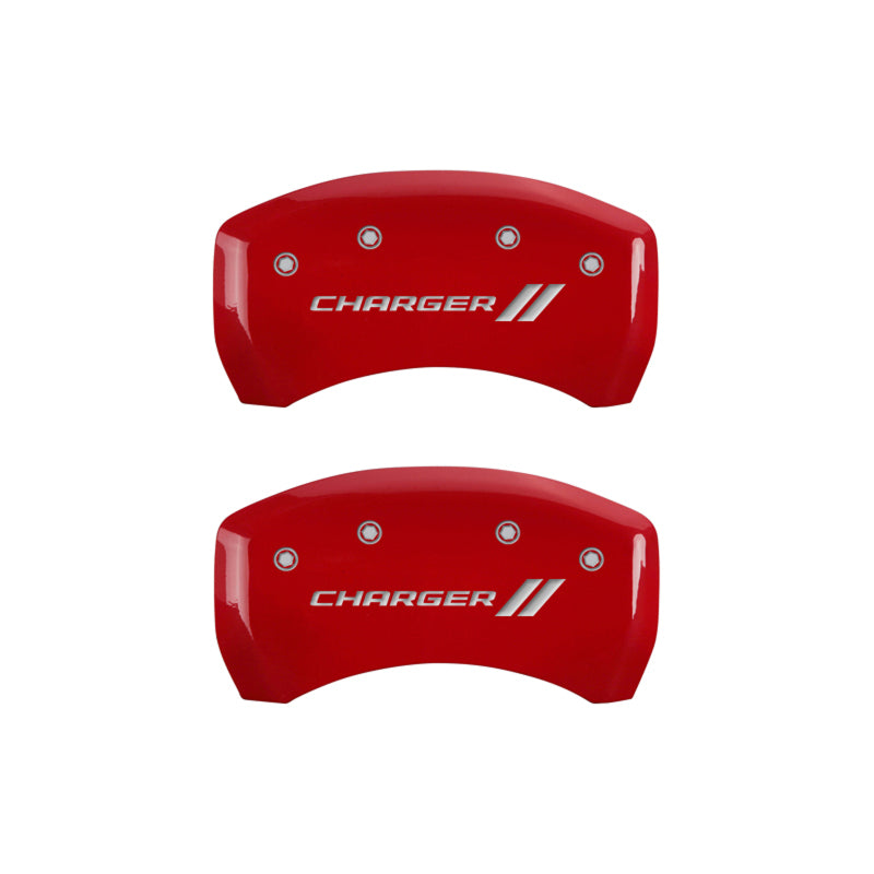 MGP 4 Caliper Covers Engraved Front & Rear With stripes/Charger Red finish silver ch 12181SCH1RD