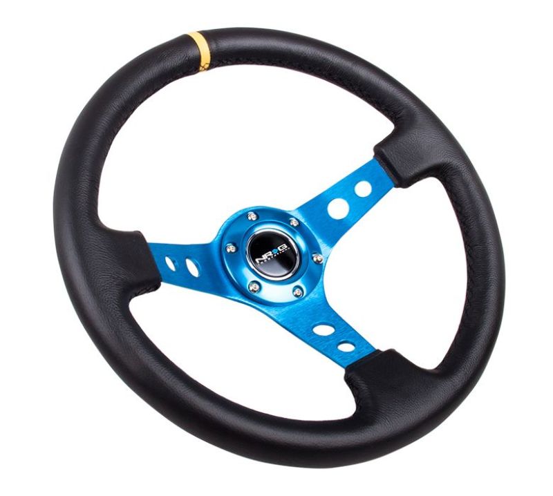 NRG Reinforced Steering Wheel (350mm / 3in. Deep) Blk Leather w/Blue Circle Cutout Spokes RST-006BL