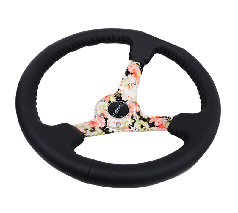 NRG Reinforced Steering Wheel (350mm / 3in. Deep) Blk Leather Floral Dipped w/ Blk Baseball Stitch RST-036FL-R