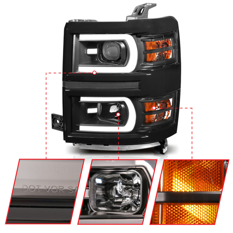 ANZO 14-15 Chevrolet Silverado 1500 Projector Headlights w/ Plank Style Switchback Black w/ Amber 111412