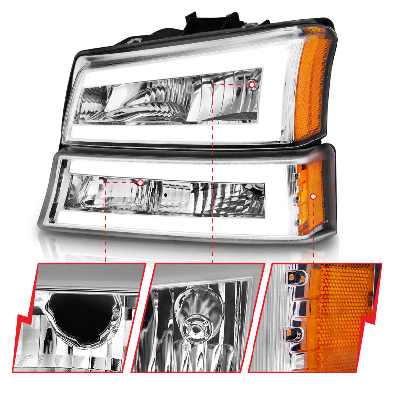 ANZO 2003-2006 Chevrolet Silverado 1500 Crystal Headlights w/ Light Bar Chrome Housing 111502