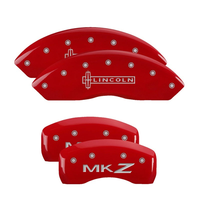 MGP 4 Caliper Covers Engraved Front Lincoln Engraved Rear MKZ Red finish silver ch 36018SLCZRD