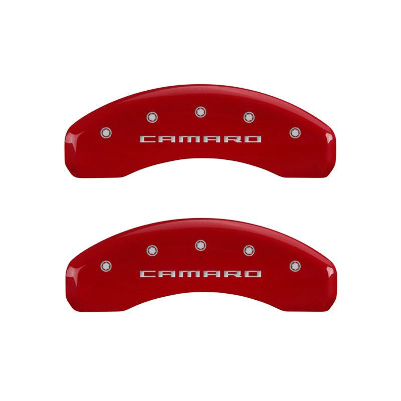 MGP 4 Caliper Covers Engraved Front & Rear Gen 5/Camaro Red finish silver ch 14036SCA5RD