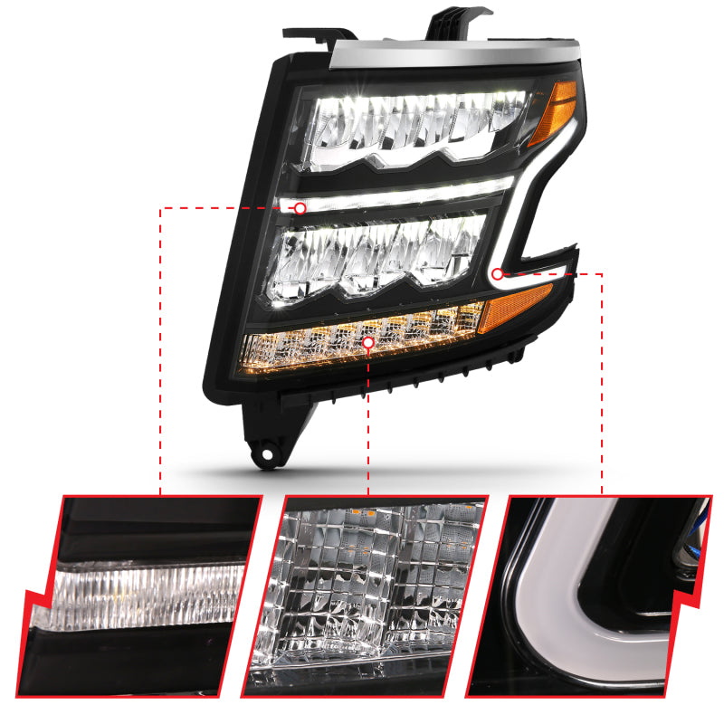 ANZO 15-20 Chevy Tahoe/Suburban LED Light Bar Style Headlights Black w/Sequential w/DRL w/Amber 111478