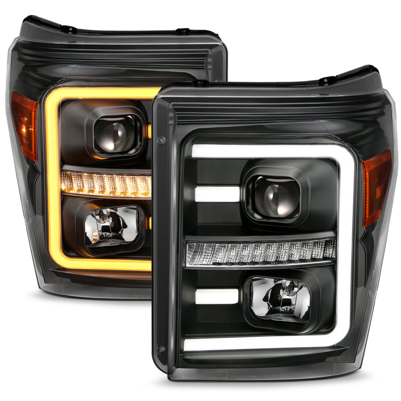 ANZO 2011-2016 Ford F250 Projector Headlights w/ Plank Style Switchback Black w/ Amber 111406