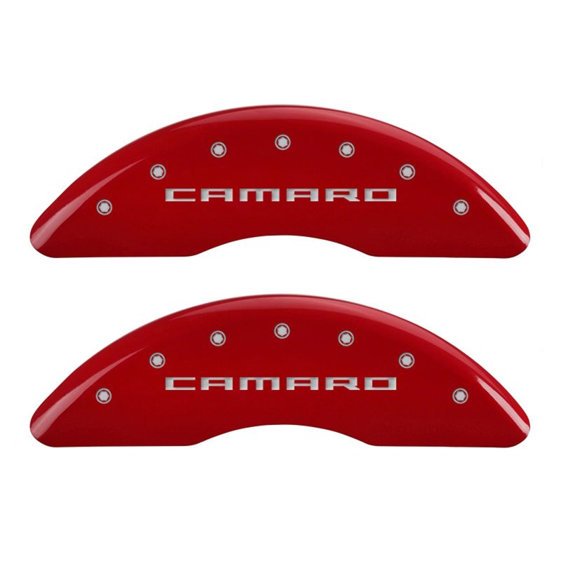 MGP 4 Caliper Covers Engraved Front & Rear Gen 5/Camaro Red finish silver ch 14241SCA5RD