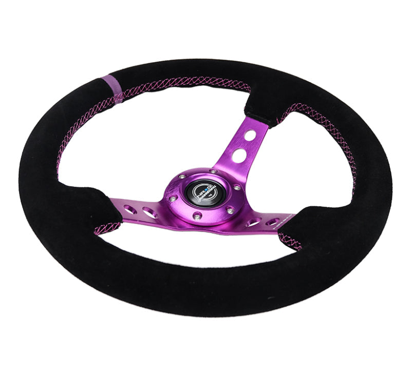 NRG Reinforced Steering Wheel (350mm / 3in. Deep) Black Suede w/Purple Center & Purple Stitching RST-006S-PP