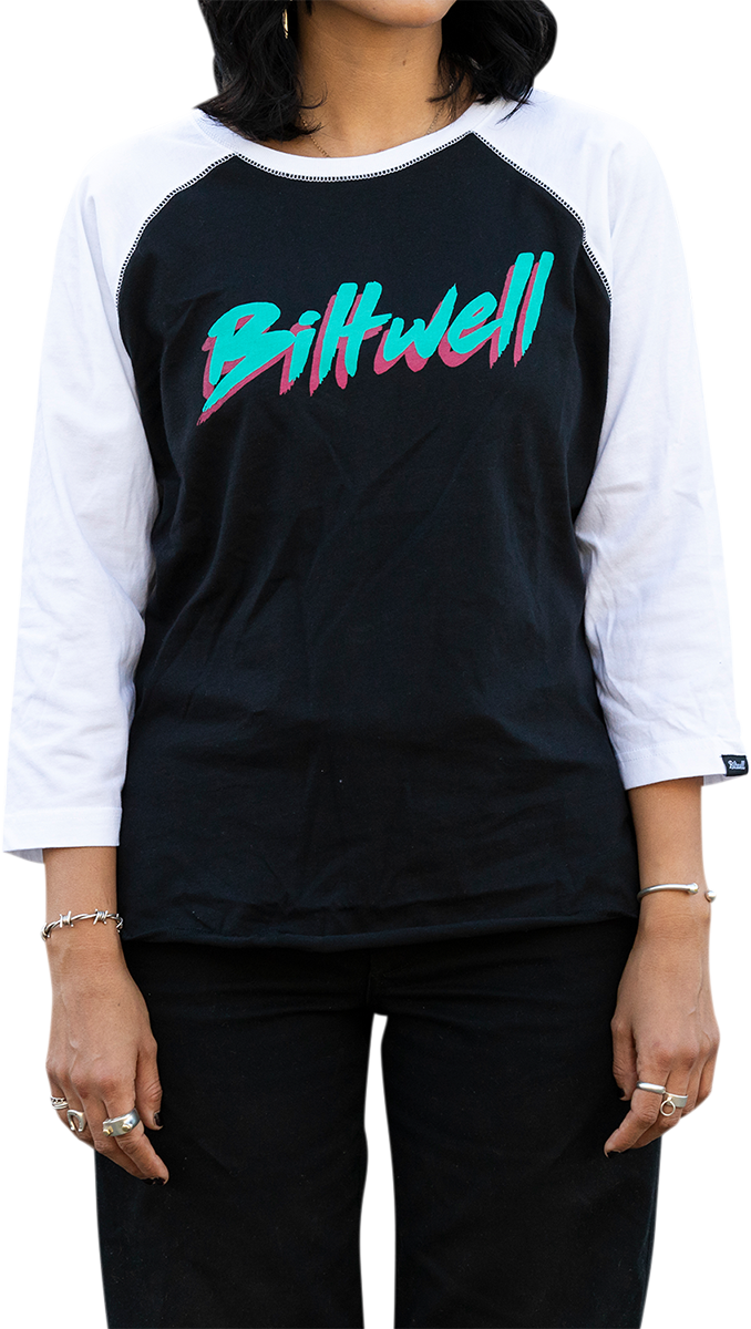 BILTWELL Camiseta raglán 1985 para mujer - Negro/Blanco - Mediana 8144-060-003