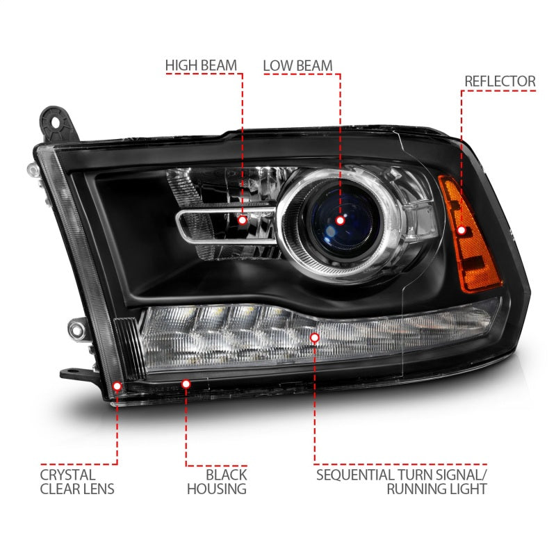 ANZO 09-18 Dodge Ram 1500/2500/3500 LED Plank Style Headlights Switchback + Sequential - Matte Black 111609