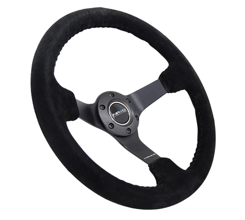 NRG Reinforced Steering Wheel (350mm / 3in. Deep) Blk Suede/Blk Bball Stitch w/5mm Matte Black Spoke RST-036MB-S-BK