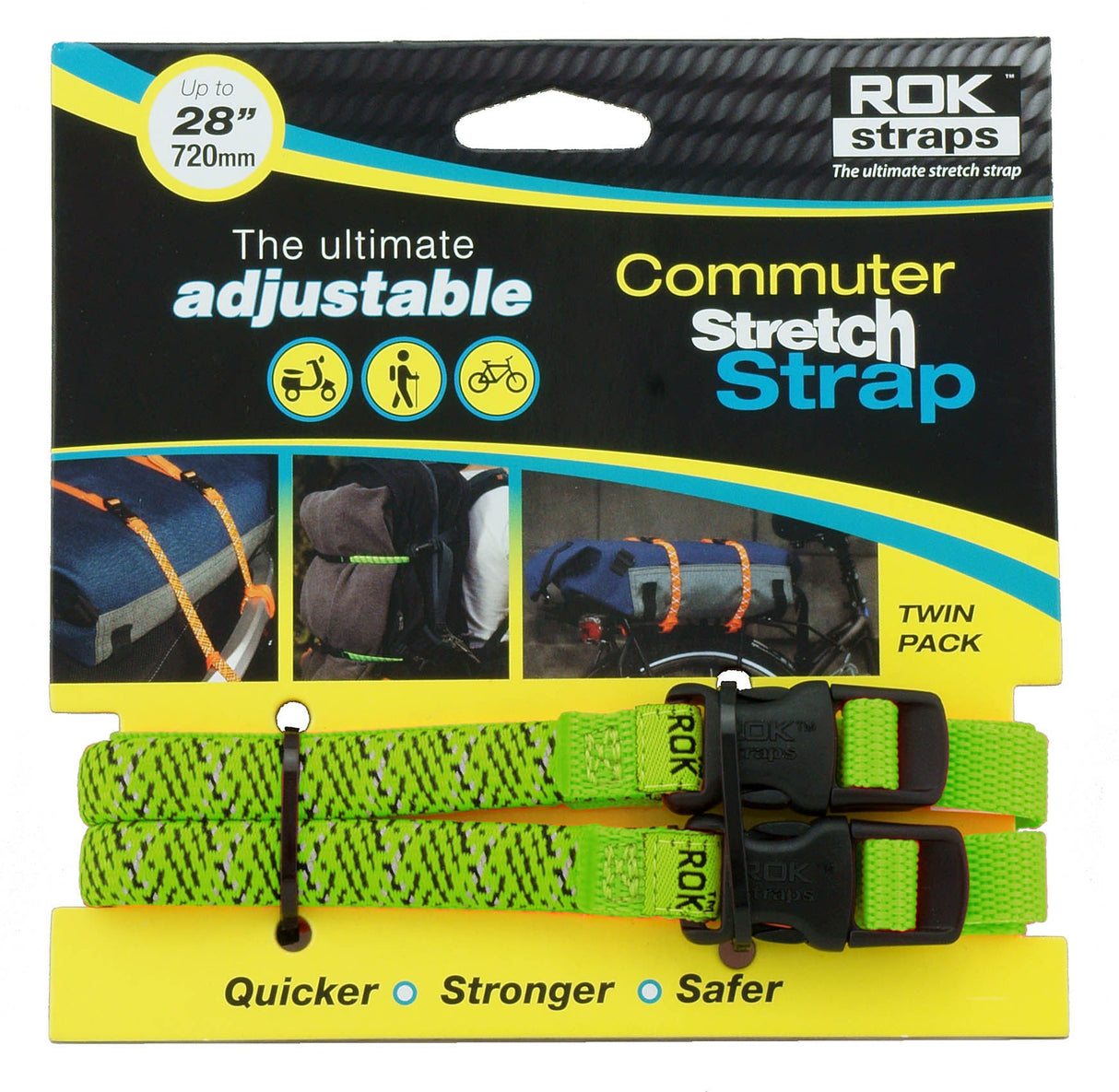 ROKSTRAPS Commuter Strap Blk/Grn/Reflect 12"X28"X1/2" ROK10330